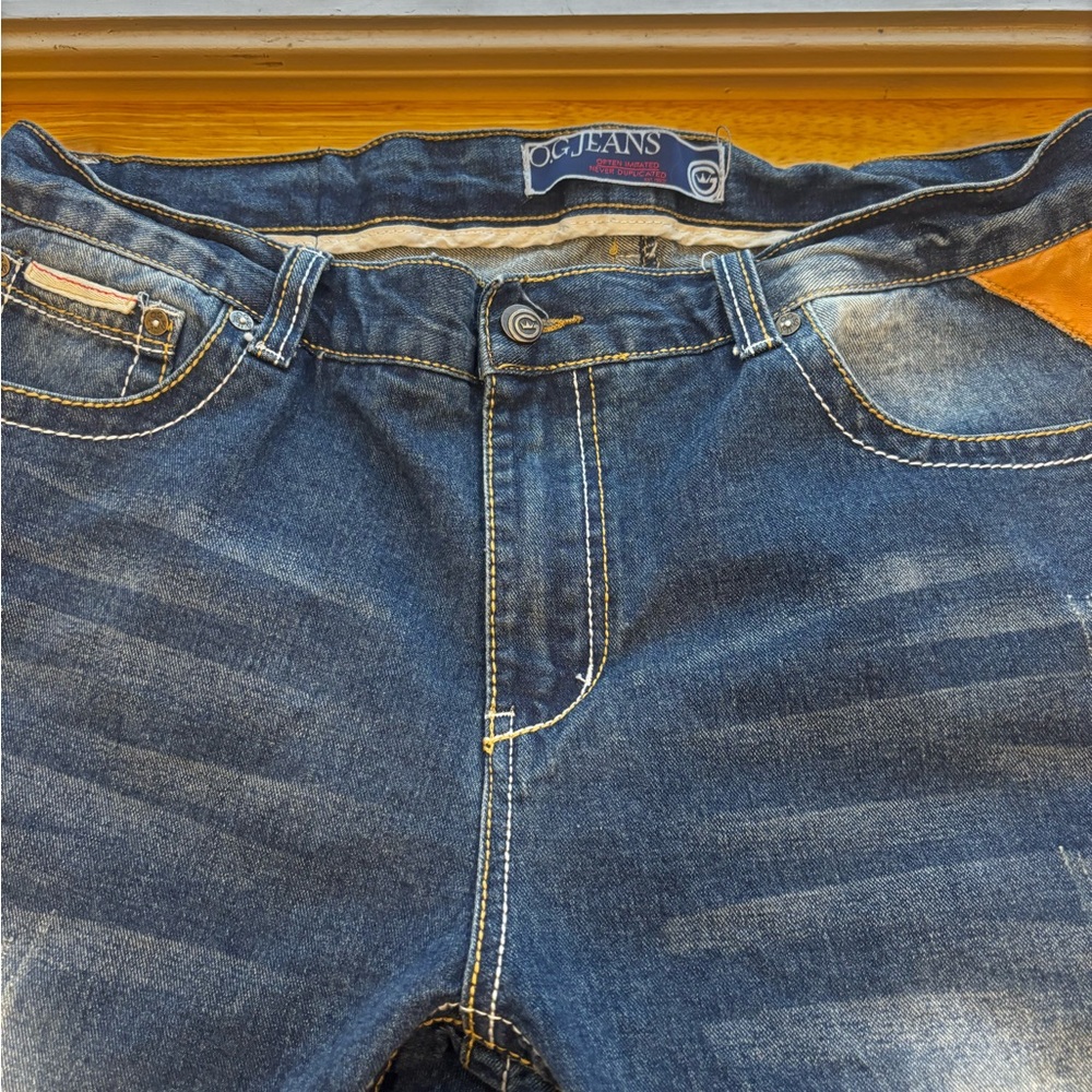 Men’s O.G. Jeans‎ 38x32 Straight Leg Blue Denim Faded Whisker Distressed